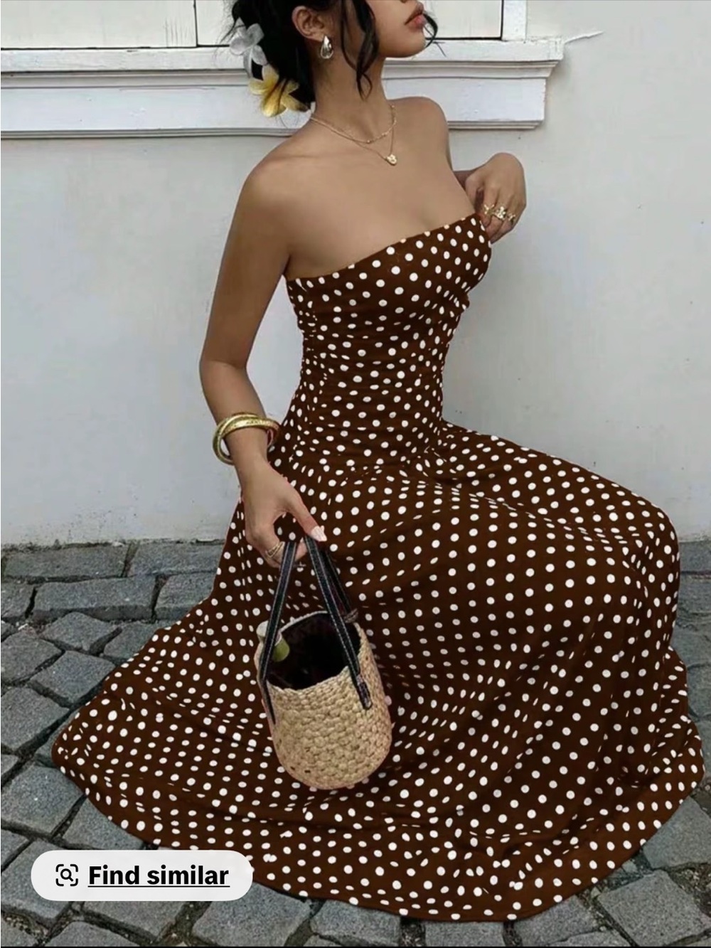 Elegant Strapless Brown Polka Dot Maxi Dress - Picture 2 of 6